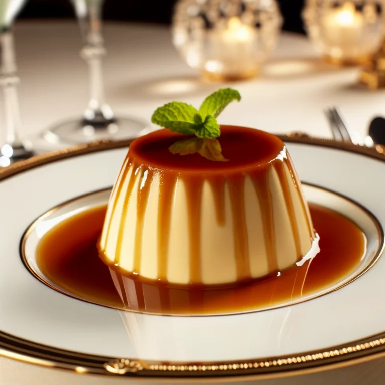 DALL·E-2024-04-30-21.17.00-A-luxurious-and-creamy-gluten-free-Napolitano-flan-on-a-fancy-serving-plate-topped-with-a-rich-caramel-sauce-drizzled-elegantly.-The-flan-has-a-smoot